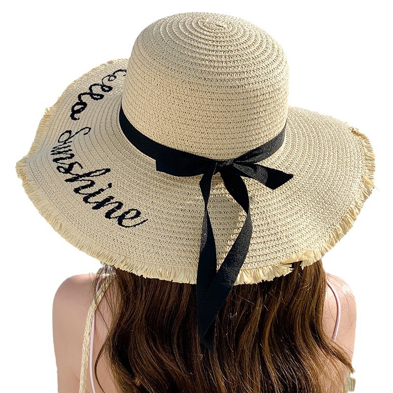 Unisex Summer large embroidered sunblock straw hat women's fashion simple letter bow streamer sun hat sweet sun hat_voghion.com