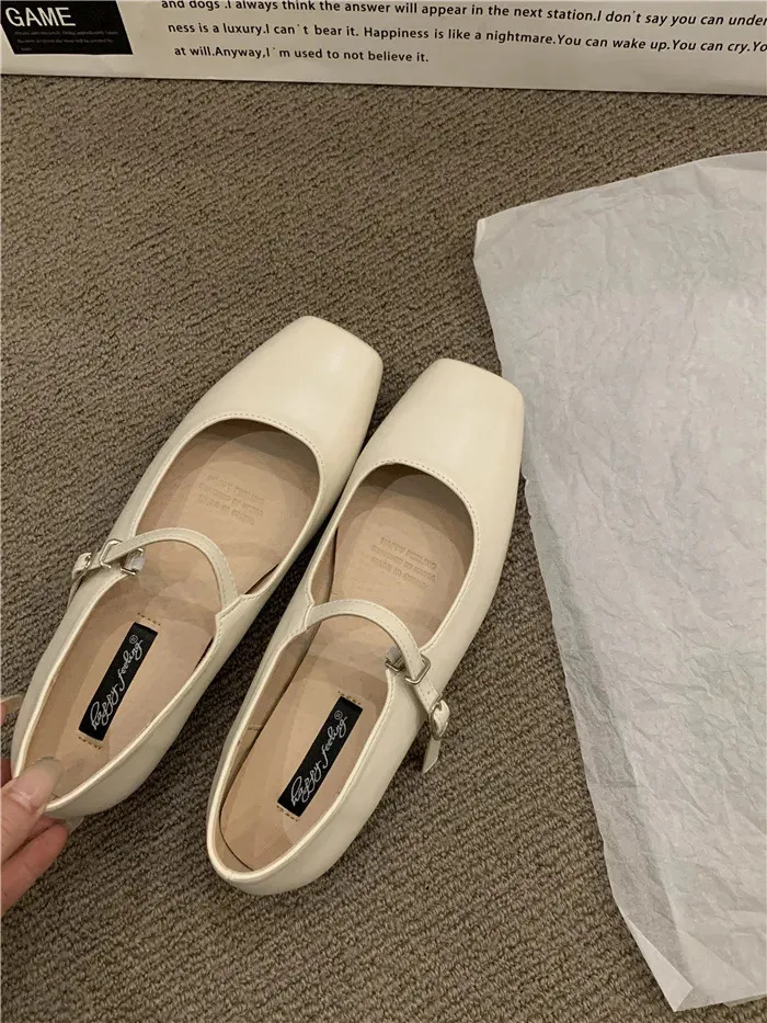 Ballerines tendance pour femmes, mocassins rétro à bout carré en cuir avec lanières, mocassins plats formels 240620_voghion.com