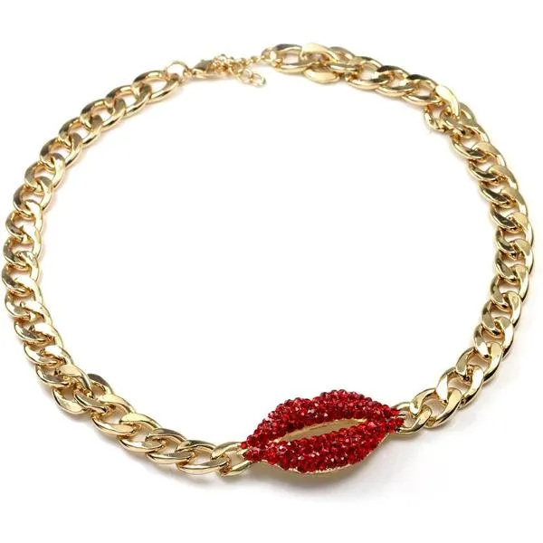 Red Lip Pendant Cuban Link Necklace Rapper Style Choker Jewelry_voghion.com