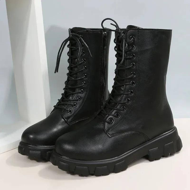 Motorcycle Platform Boots For Women White Chunky Heel Leather Botas_voghion.com