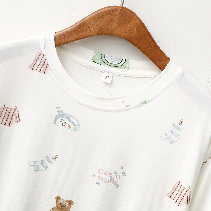 Roupas femininas Primavera e Verão Modal Pijama Feminino Manga Curta Calças Doce Urso Lazer Macio Confortável Conjunto de Roupas para Casa_voghion.com