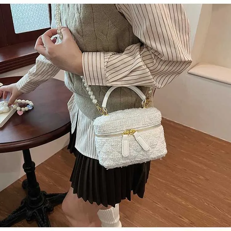 Mini Umhängetasche Für Damen Tweed Karo Klappentasche Perle_voghion.com