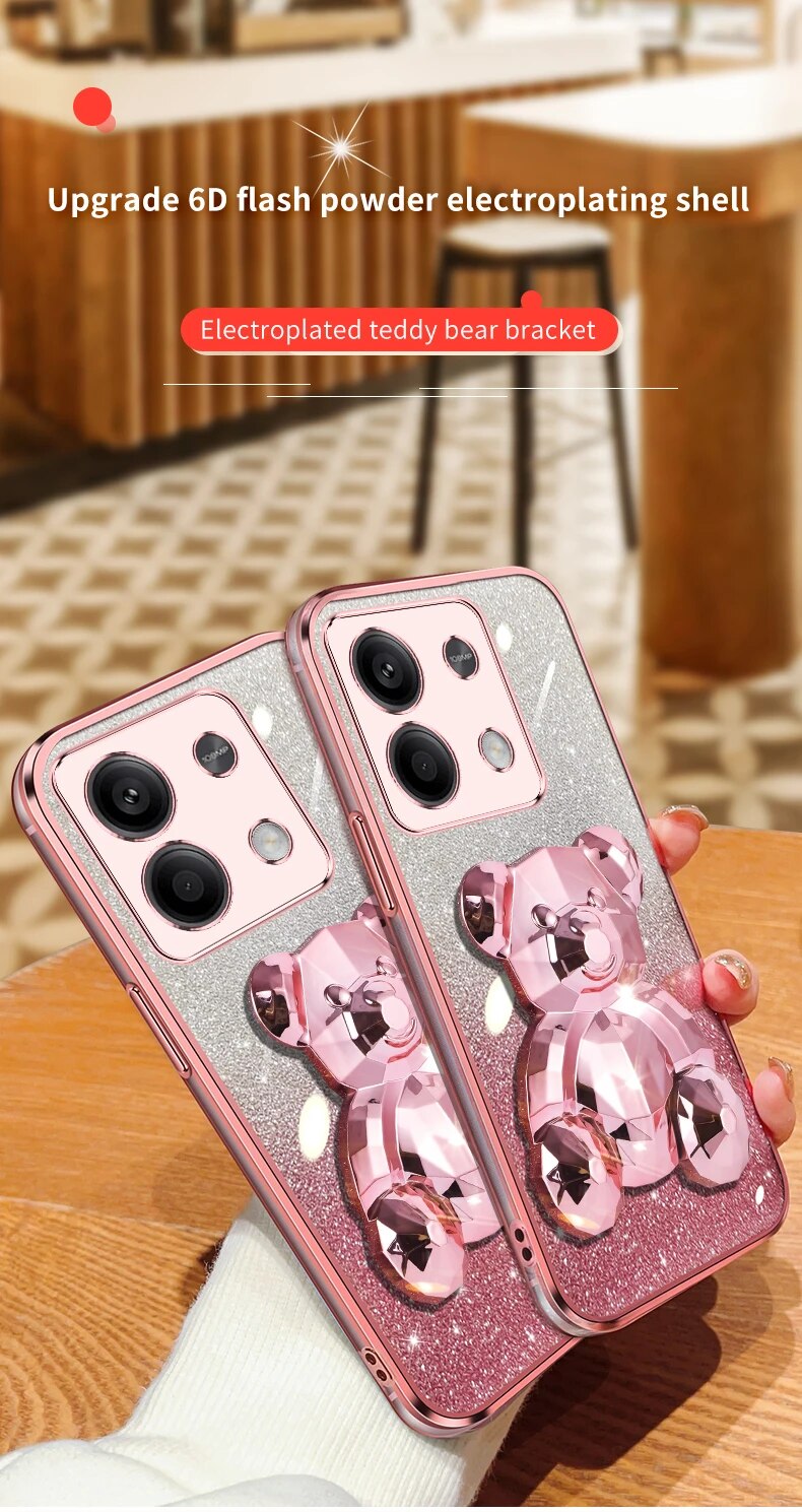 note13 pro Glitter Plating Bear Holder Case On For Xiaomi Redmi Note Pro note13pro redmi 13C 4G 5G Stand Cover note 13_voghion.com