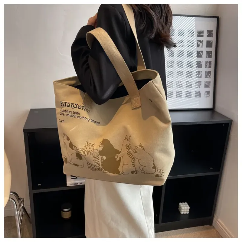 Große Tragetasche für Damen zum Einkaufen, Aufbewahren, Pendeln, Canvas-Handtasche, Cartoon-Katzen-Aufdruck, tragbare_voghion.com