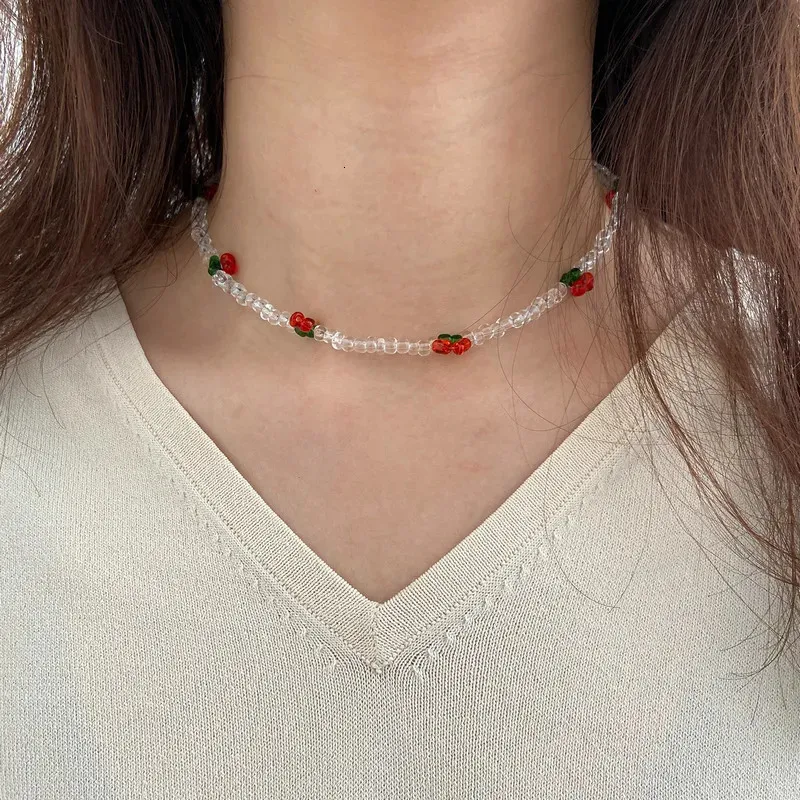 Collar con colgante de corazón y cereza mujer estilo y2k boho_voghion.com