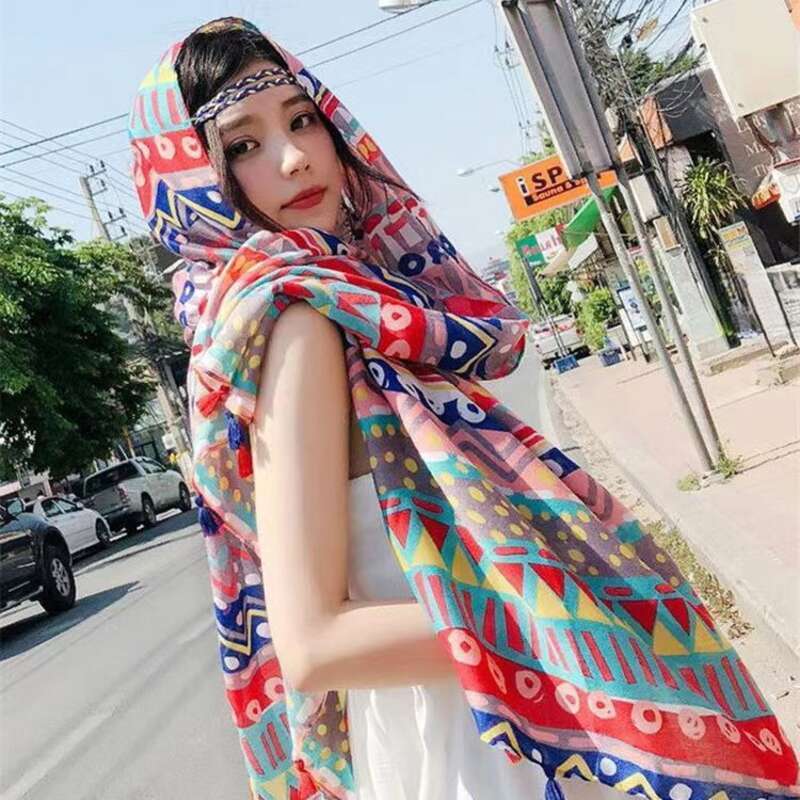 Eșarfă de mătase cu ciucuri din bumbac twill, stil etnic, pentru călătorii în deșertul Lacului Salt, Chaka_voghion.com