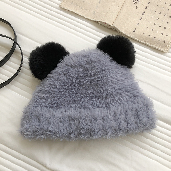 Autumn and Winter Cute Little Bear Plush Ear Protection for Children's Versatile Warmth Double Hair Ball Knitted Hat_voghion.com