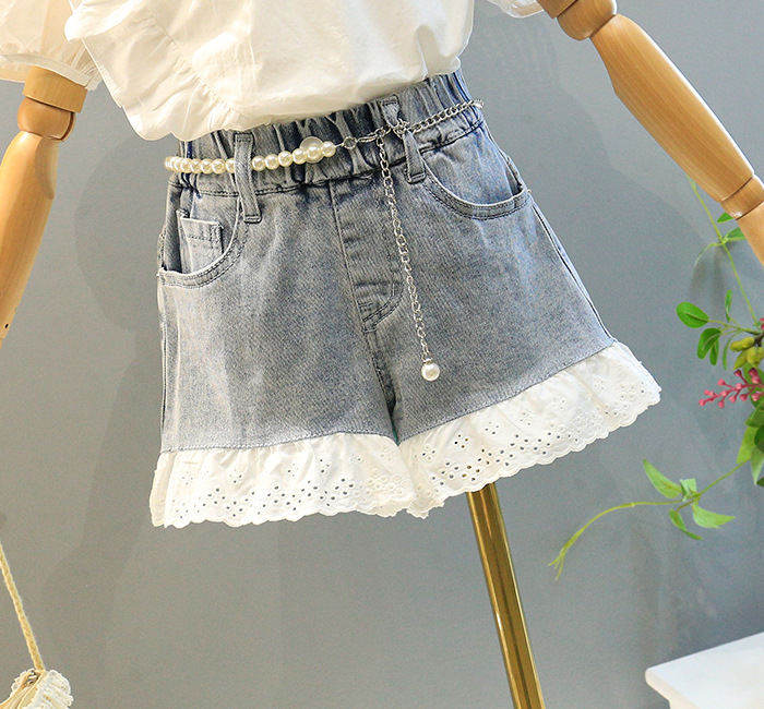 Mamma e bambini estate nuova ragazza vestito camicia con maniche a sbuffo più pantaloncini di jeans in pizzo abito a due pezzi_voghion.com