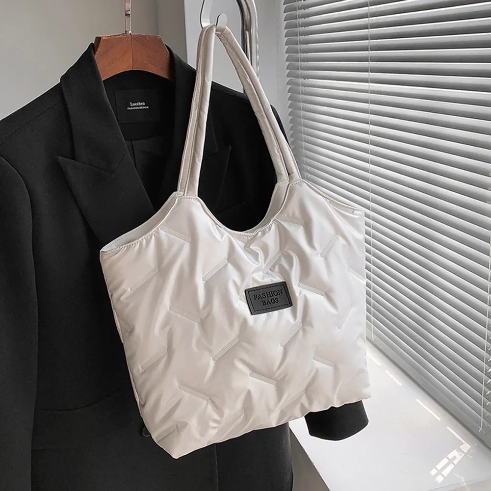 Borsa a mano imbottita in cotone da donna, trapuntata, grande capacità, invernale, casual, morbida e soffice._voghion.com