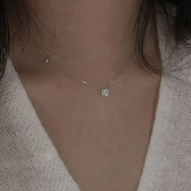 Collier avec pendentif en argent sterling et diamant carré pour femme, chaîne de clavicule simple et brillante, bijoux de mariage_voghion.com
