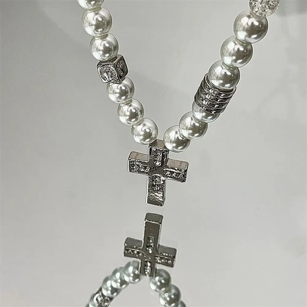 Edelstahl Kreuz Perlenkette Für Damen Und Herren Modeschmuck_voghion.com