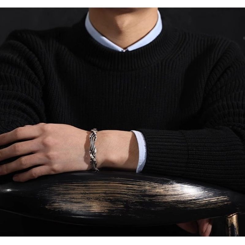 Nouveau Bracelet thaïlandais martelé à la main en filigrane tressé pour hommes, Vintage, ouvert,_voghion.com