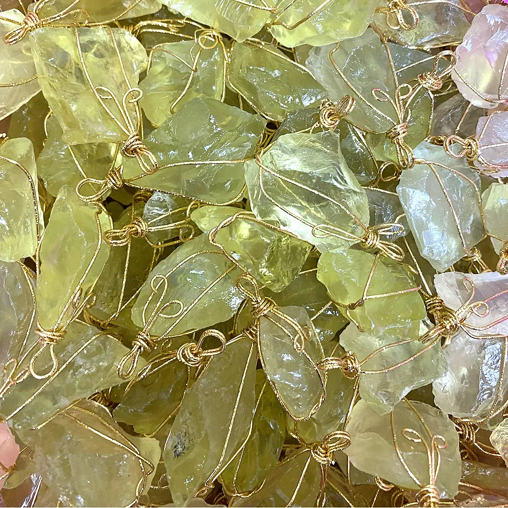 Natural Raw Stone Crystal Pendant Necklace Handmade Wire Wrap_voghion.com