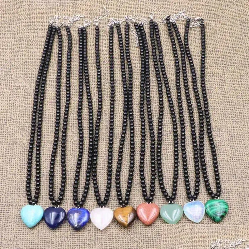 Pendant Necklaces Short Chain Heart Necklace Lapis Lazi Tiger Eyes Crystal Malachite Opal Aventurines Turquoises Stone_voghion.com