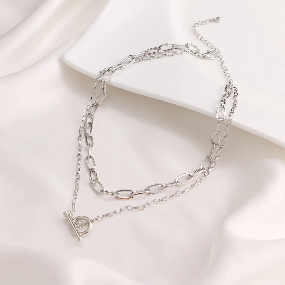 Catene Vintage Catena Spessa OT Fibbia Collana Girocollo Per Le Donne Punk Argento Colore Metallo Geometrico Stratificato Gioielleria di Moda_voghion.com