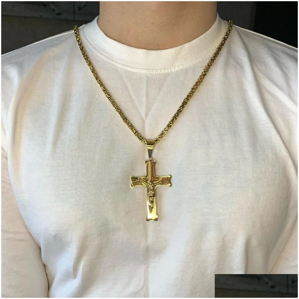 14 karat guld stort Jesus kors vedhæng med lang kæde herre farve krucifiks halskæder mandlige relius smykker drop levering_voghion.com