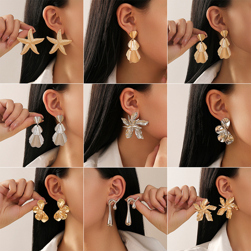 Exaggerated personality double-layer five petal flower earrings, simple striped leaf tassel earrings