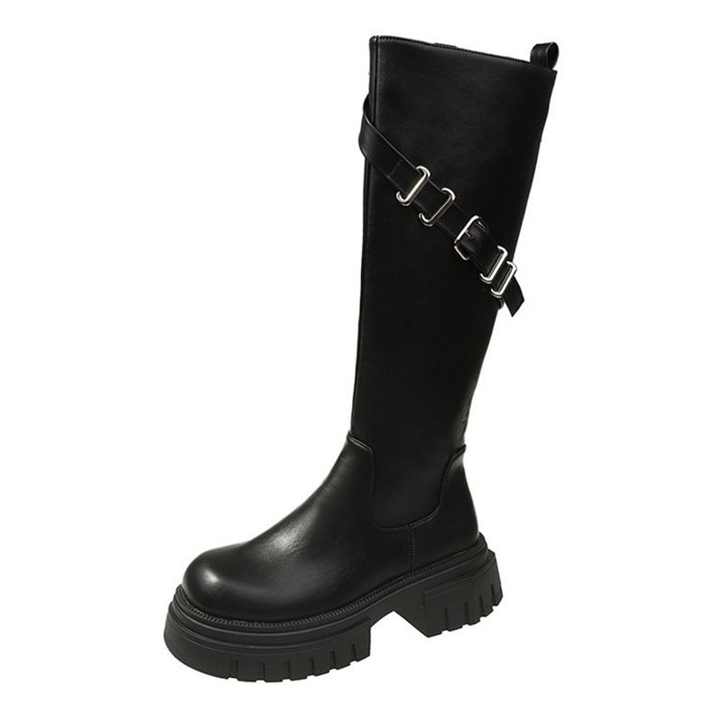 Freizeit Britische schwarze knielange Schlankheitsstiefel mit dicken Sohlen lang für Damen 2024 Neue Herbst- und Winterstiefel mit dickem Schaft_voghion.com