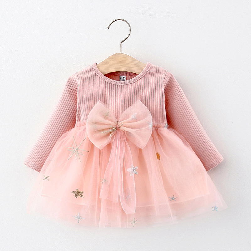 Baby Girl Clothes Pink Long Sleeve Tutu Cute Round Neck Baby Dress Birthday Gift Dress for Kids_voghion.com