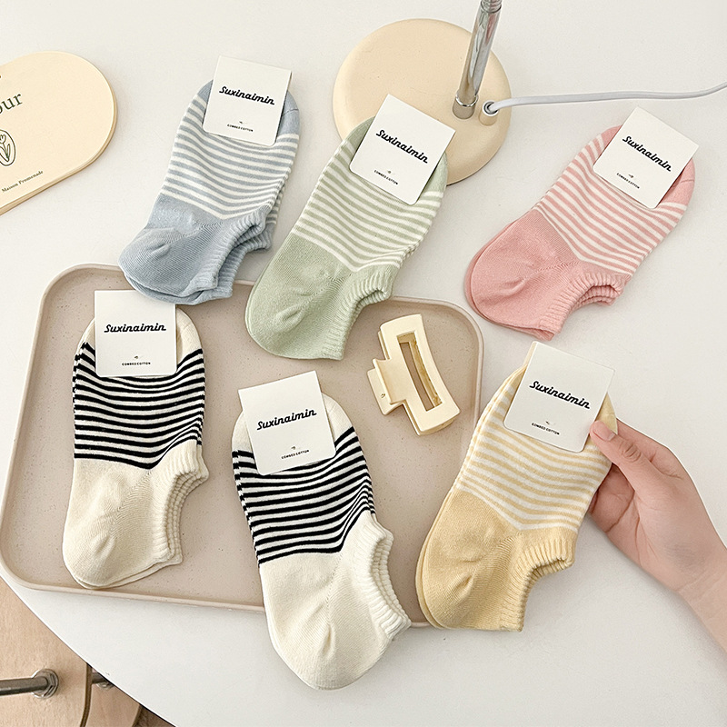 Low Cut Cotton Socks For Women Versatile Striped Candy Colours_voghion.com