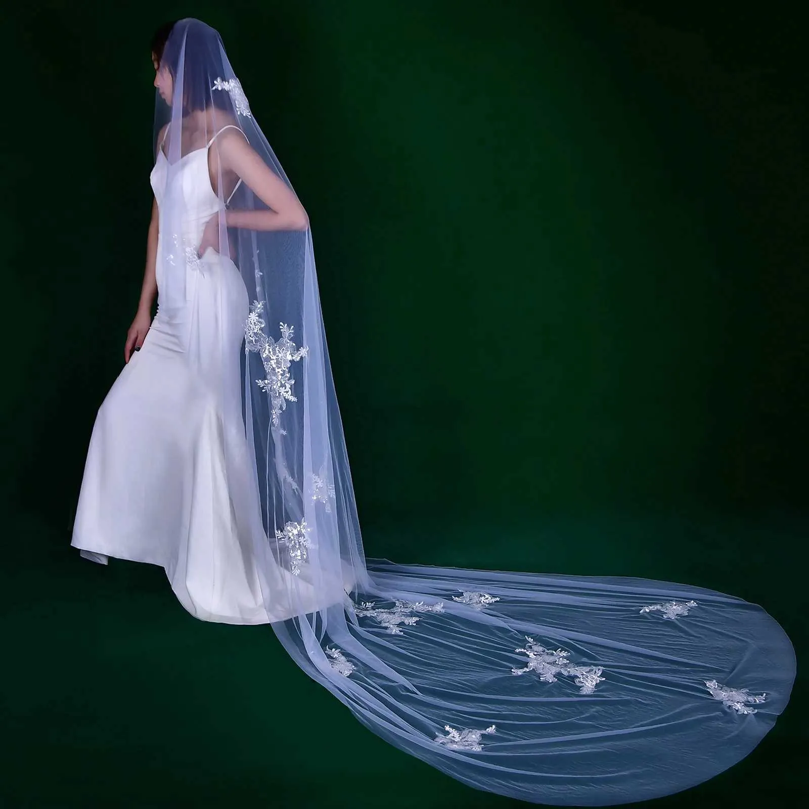 Gioielli per capelli MZA53 Velo lungo da cattedrale Applicazioni in pizzo Veli da sposa Bordo tagliato 1 livello Morbido tulle Accessori per abiti da sposa_voghion.com