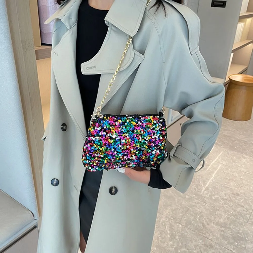 Borsa a tracolla con catena, tinta unita, stile coreano, con paillettes, per telefono, da sera, per cena e feste_voghion.com
