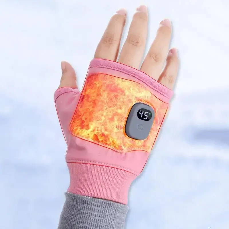 1 paire de gants chauffants électriques USB unisexes pour l'hiver, mitaines chauffantes à demi-doigts pour randonnée en plein air 241125_voghion.com
