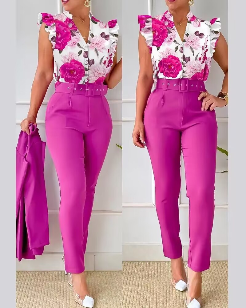 Women's Fashion Casual Lotus Leaf Sleeve Vest Two-piece Suit Women's Clothing_voghion.com