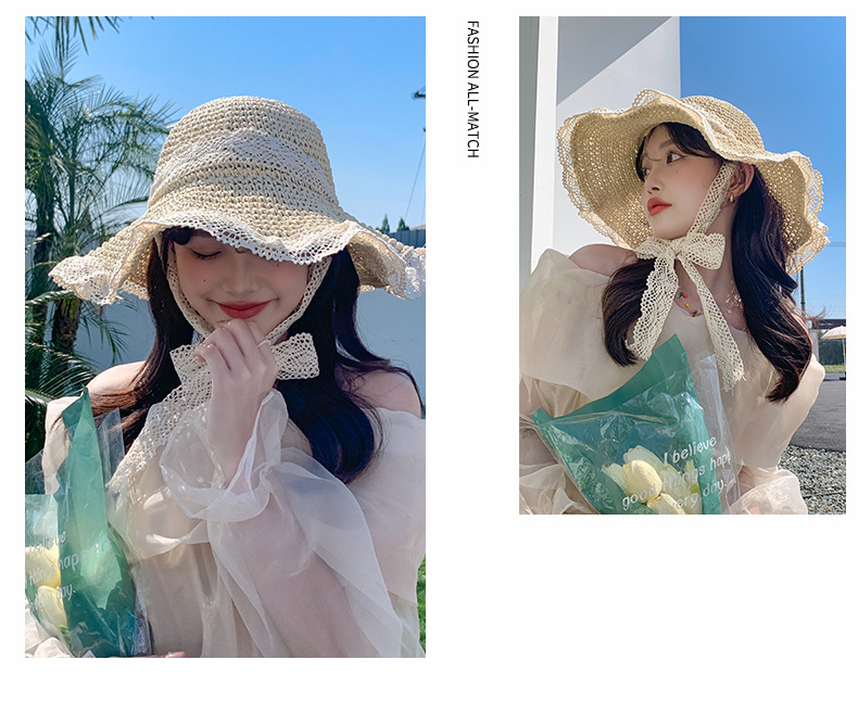 Sommerstrand-Spitzenstrohhut für Damen, frischer Sonnenschutzhut, Sonnenschirm, faltbarer Sonnenhut für Tourismus und Urlaub_voghion.com