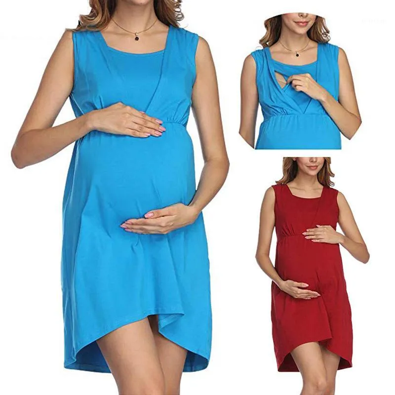 Robes de maternité 2024 col rond robe sans manches à la mode femmes enceintes vêtements allaitement grossesse Q06201_voghion.com