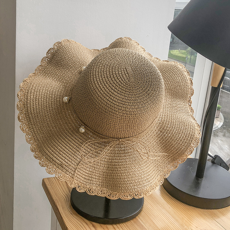 Hat for women in summer, small refreshing waves, large brimmed straw Korean version, versatile pearl, casual protection,_voghion.com