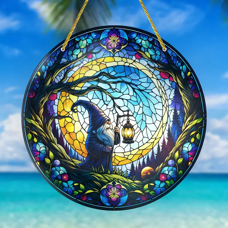 8x8in Gnome Genie Suncatcher - Vibrant Acrylic Stained Glass Decor For Porch, Office & Patio - Whimsical Holiday Gift_voghion.com