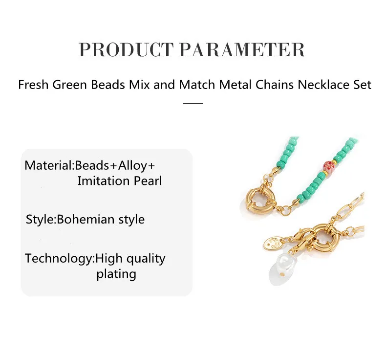 Collane con ciondolo Bohemia Fresh Green Beads Mix And Match Punk Catene in metallo Collana Set per donne Anello circolare Doppio_voghion.com