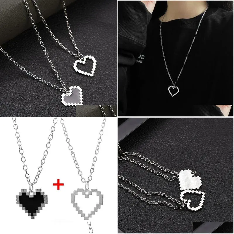 Pixel Heart Couple Necklace For Couples Y2k Style Black And White_voghion.com