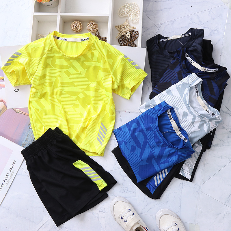 Ensemble de vêtements pour enfants, motif géométrique moyen et grand, 2025, t-shirt à manches courtes, ensemble deux pièces tendance pour garçons_voghion.com