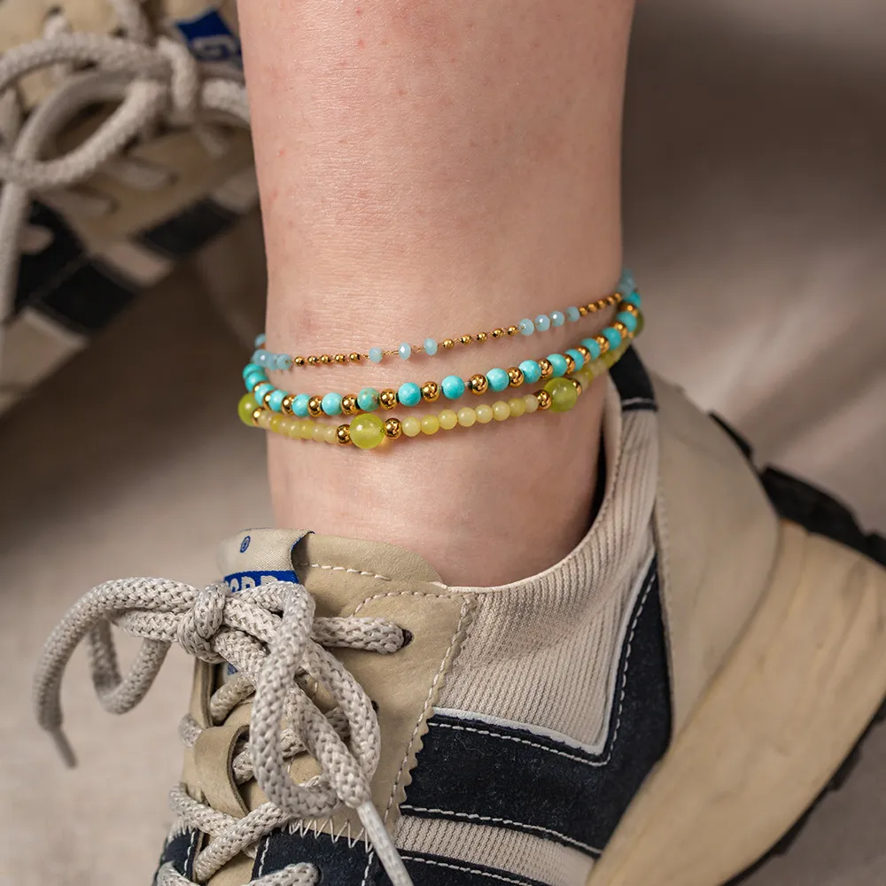 Anklets Minar Boho Blue Green Turquoise Natural Stone Strand Beaded Women Gold Plated Stainless Steel Non Tarnish_voghion.com