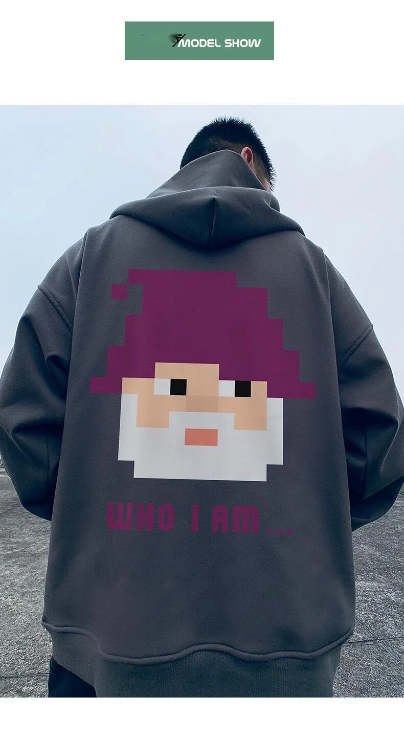 Americký oversized kardigan, mikina s kapucí, Instagram, trendy pánské oblečení s oversized kapucí, podzimní a zimní šedá_voghion.com