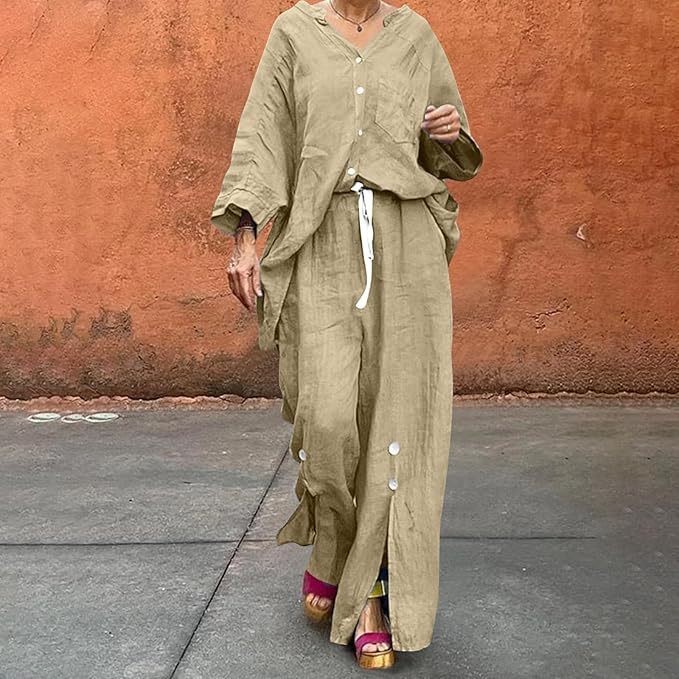 Women’s Clothing Casual Cotton And Linen Solid Color Shirt Drawstring Wide Leg Pants Suit Women