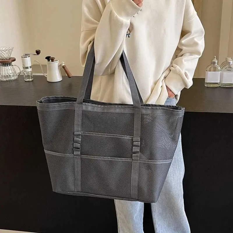 Portable mesh large capacity reusable storage swimming beach bag womens makeup organizer shopping handbag Y241011_voghion.com