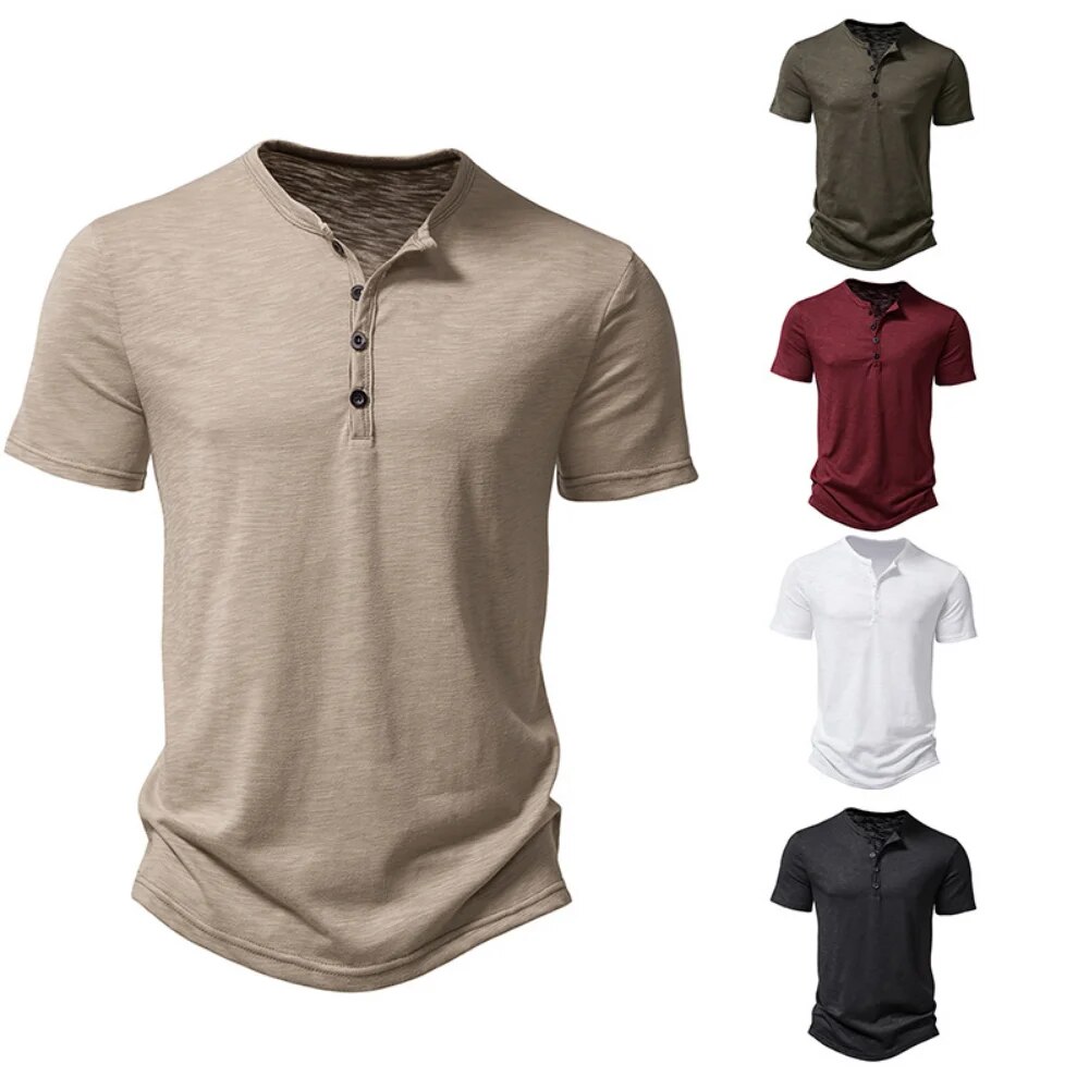 Camisa de manga corta informal de Color sólido con cuello Henley para hombre, Polo, camisetas de alta calidad para hombre_voghion.com