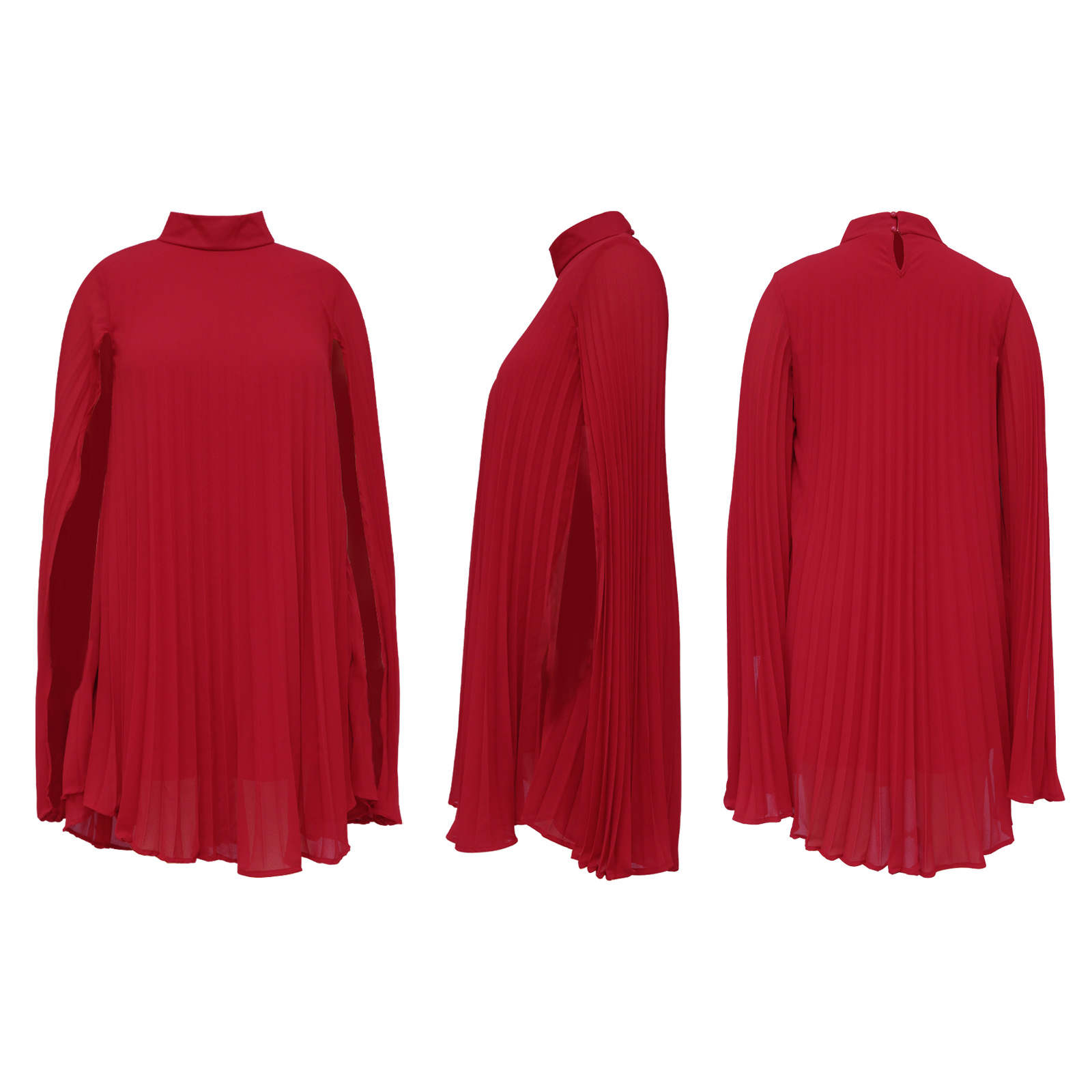 Women's Solid Colour Loose Bat Sleeve Pleated Chiffon Dress_voghion.com