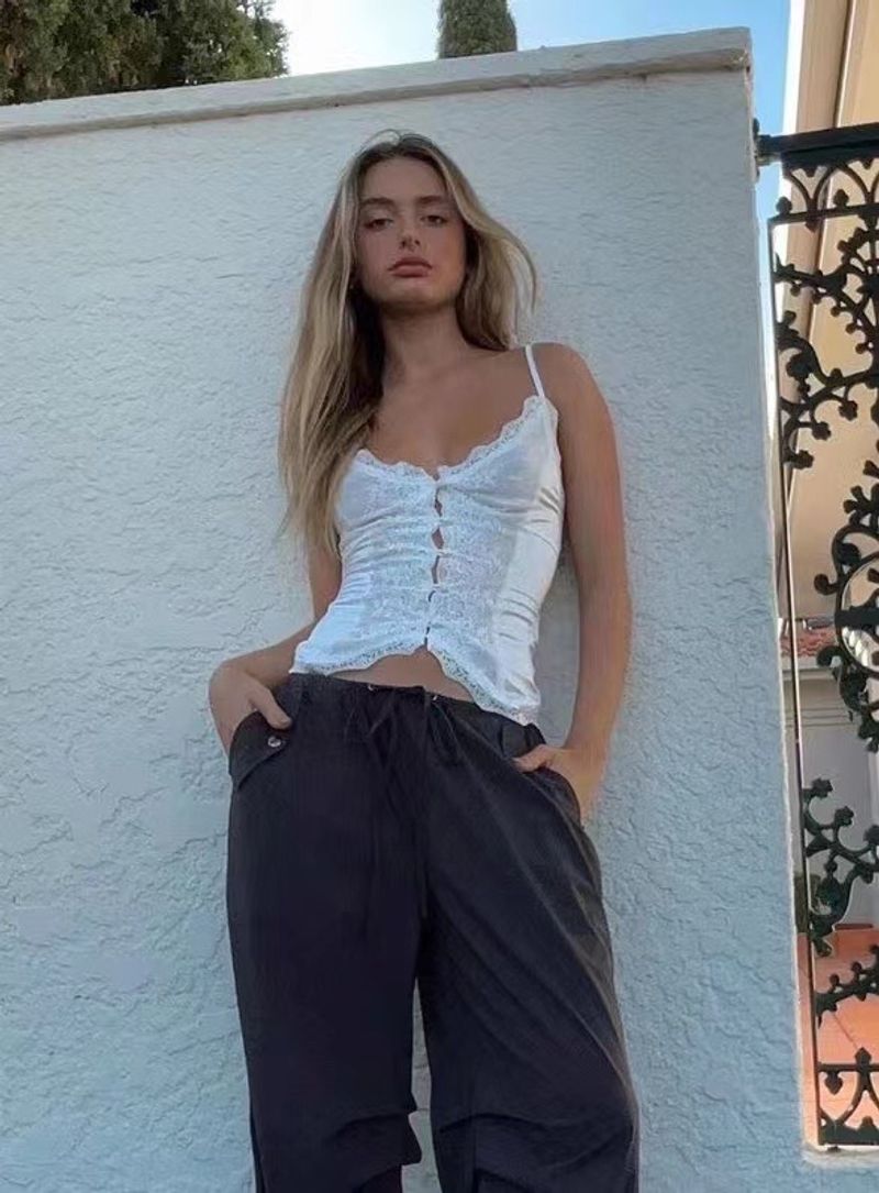 Nouveau haut d'été en satin et dentelle blanche pour femme, coupe slim, petit caraco à boutons, 3403_voghion.com