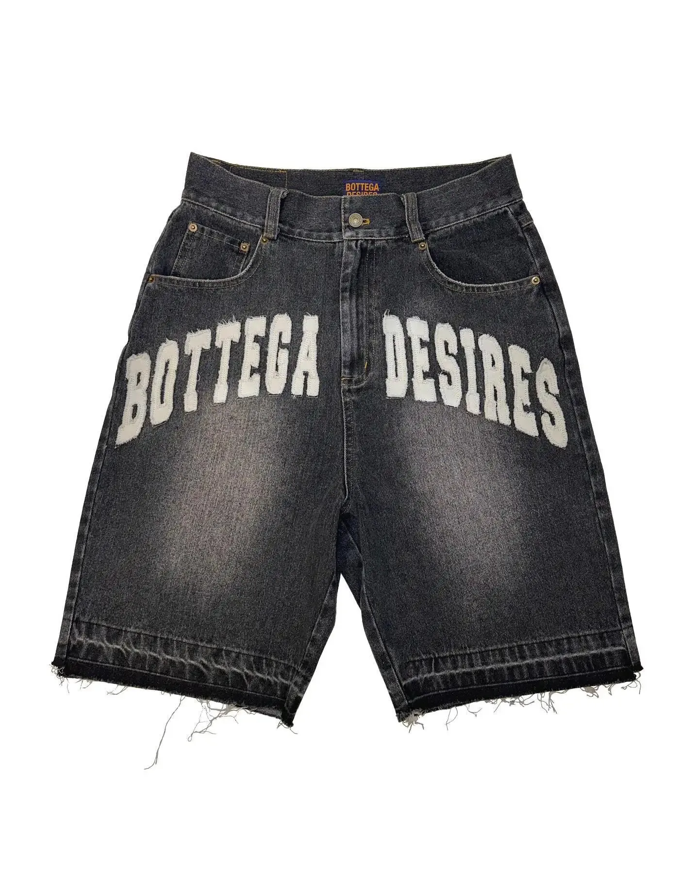 Heren Zwart Blauw Gewassen Denim Y2k Retro Letter Patchwork Zomer Mode Zand Shorts Casual Gesplitste Jorts Gym Sweatpants_voghion.com