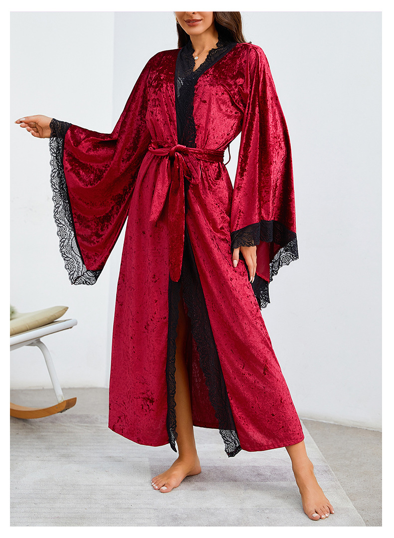 Halat de baie lung pentru femei, pijamale, sexy, dantelă, ușoară, luxoasă, cu mâneci lungi, cămașă de noapte din catifea, halat de baie, haine de casă_voghion.com