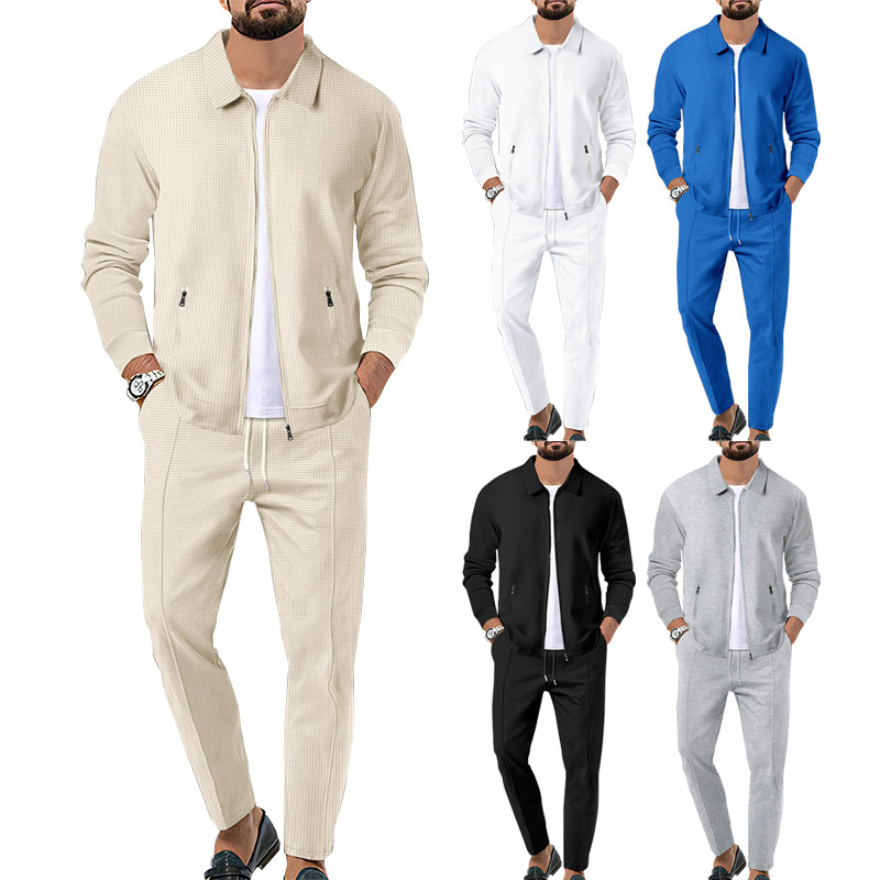 2023 Coat Autumn Youth Waffle Zip Pocket Flip Collar Slim Fit Cardigan Men's Jacket Set_voghion.com