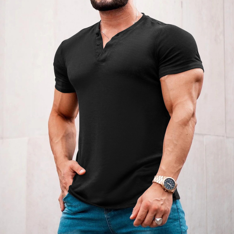 2023 Neues Sommer-T-Shirt für Herren, lässig, einfarbig, kurzärmelig, Rundhalsausschnitt, Pullover, Knopfleiste, Henley-Shirt_voghion.com