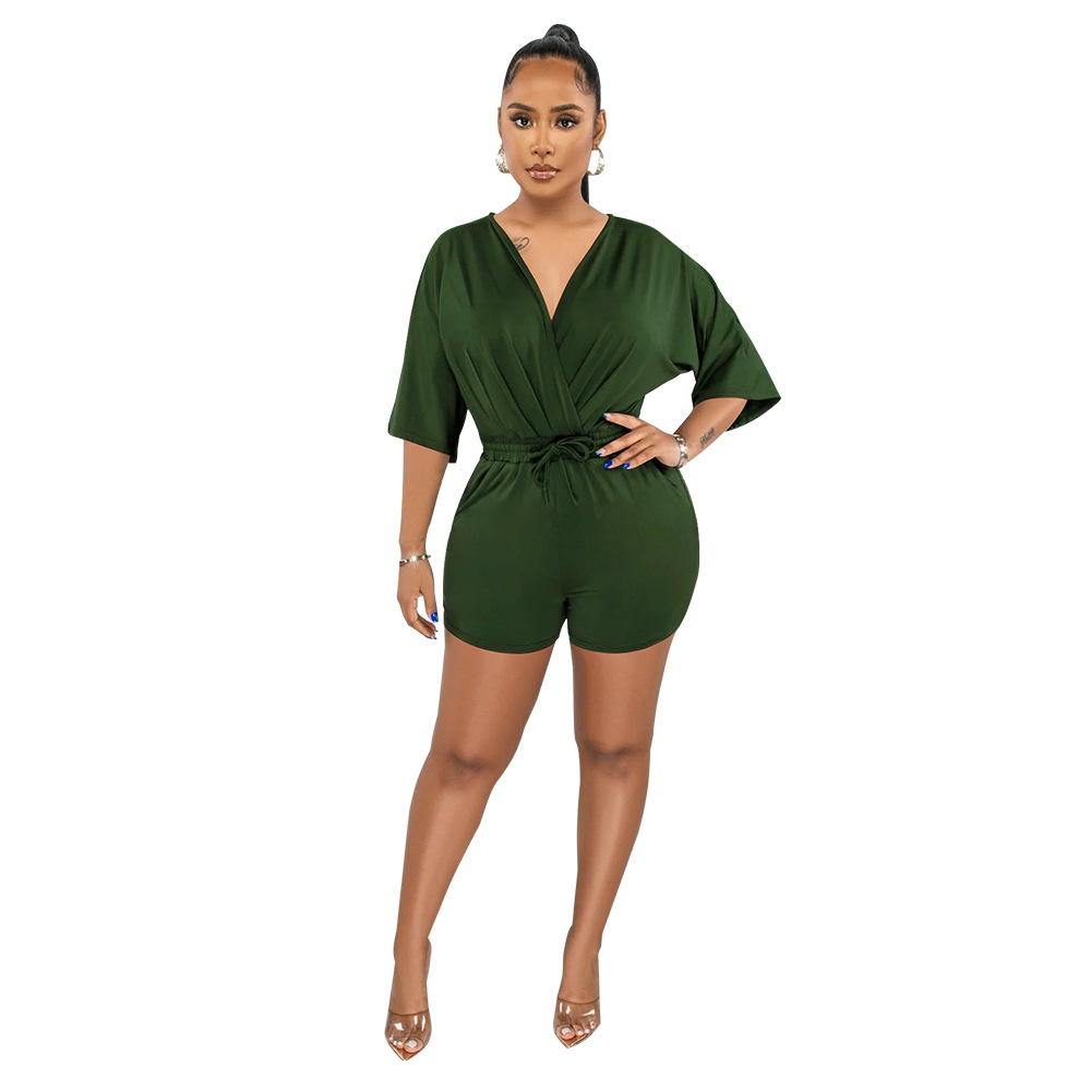 Women's V-neck Jumpsuit Solid Colour Waist Casual Short Romper_voghion.com