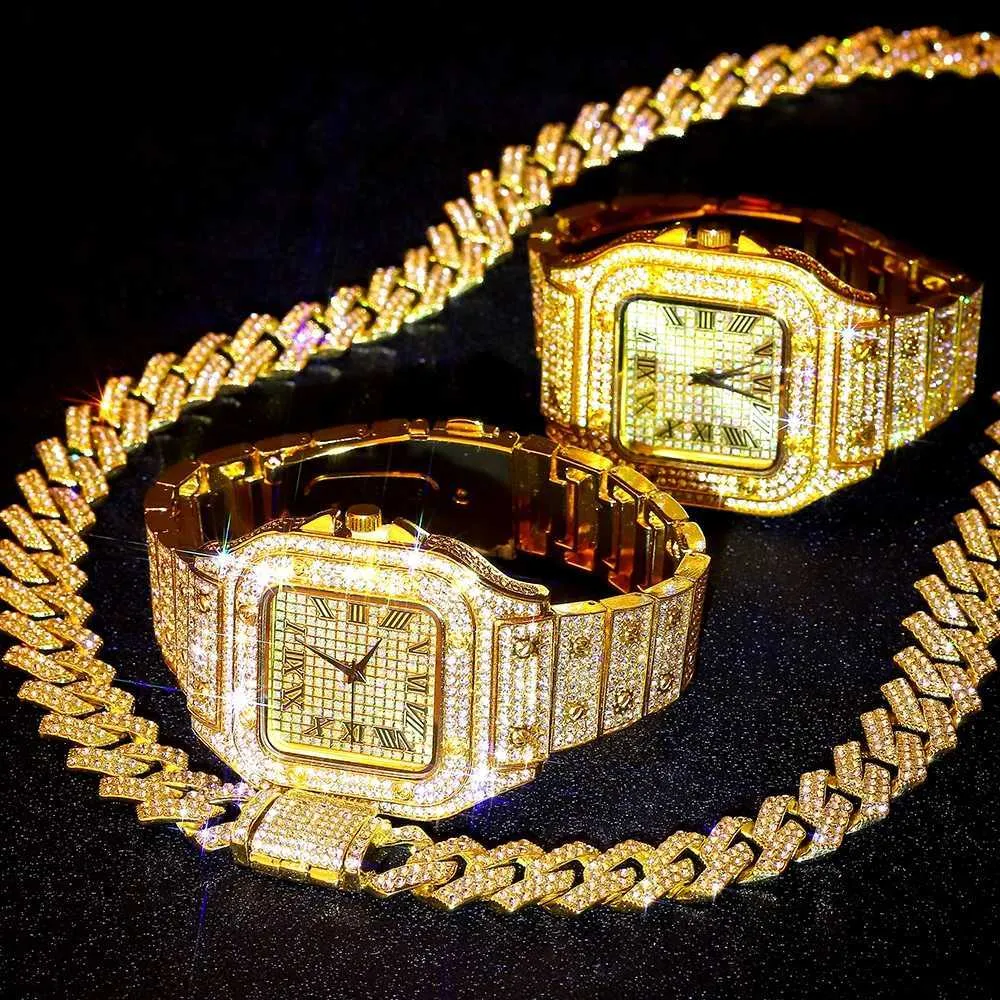 Zelta vīriešu Kubas ķēdes hiphopa Maiami cirtaina ledus laikmeta kaklarota+rokassprādze ar mirdzošiem rhinestones elementiem_voghion.com