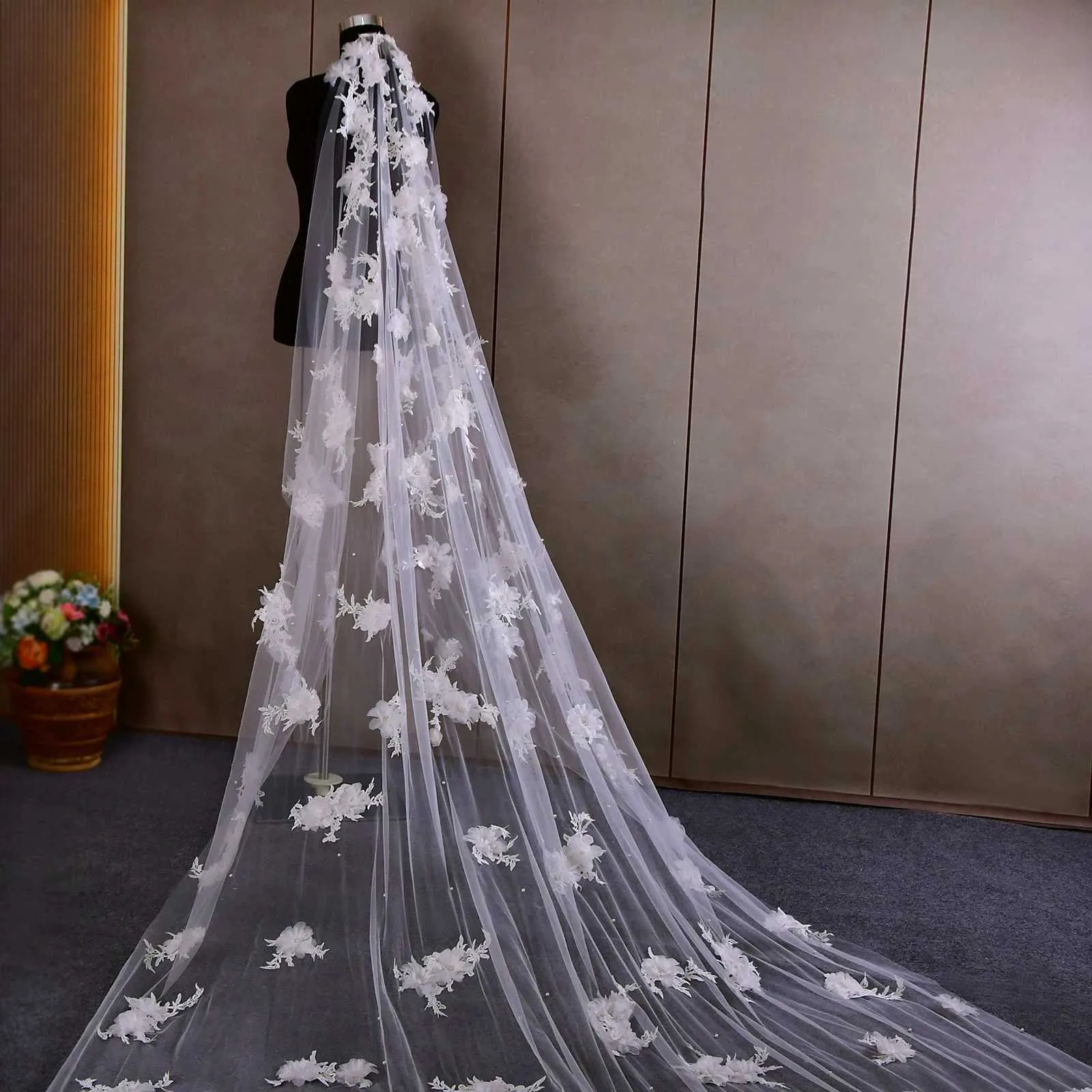 Hair Jewelry Super Pearls Beaded Wedding Veil 3D Flowers Long Cathedral Soft Bridal Illusion With Comb Bride Accessories_voghion.com