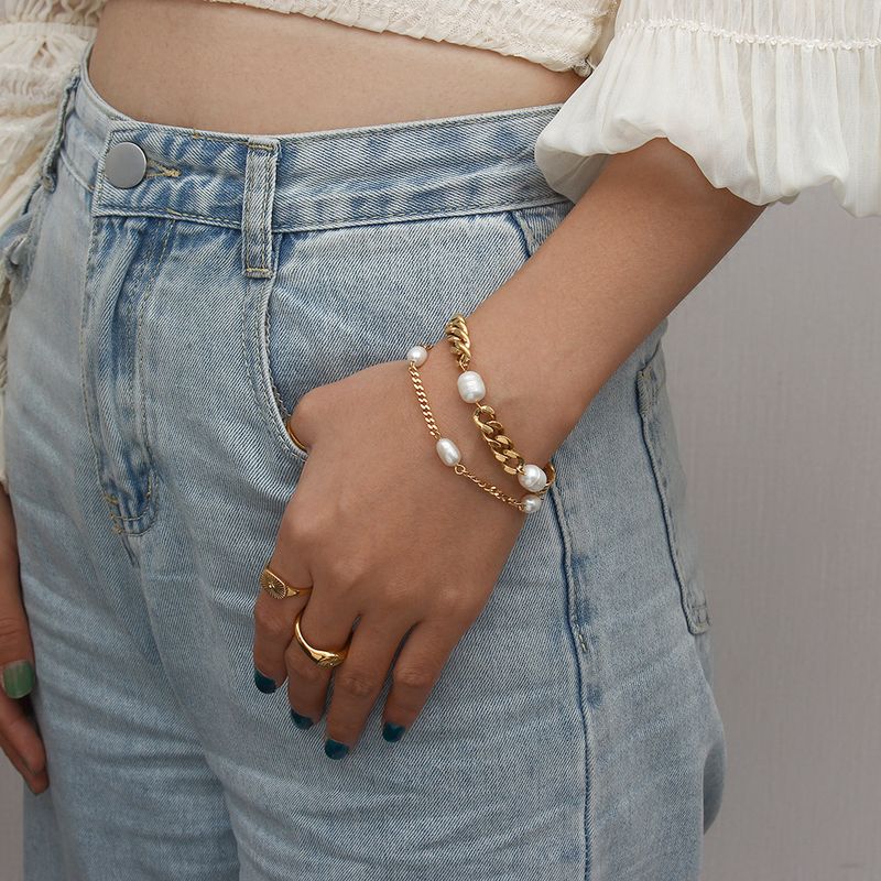 6mm Wide Stainless Steel Cuban Chain Three Pearl Fashionable And Simple Vintage Versatile Style Bracelet_voghion.com